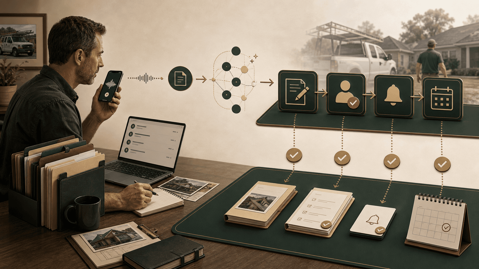 Managed assistant workflow showing capture, draft, approval, and movement.