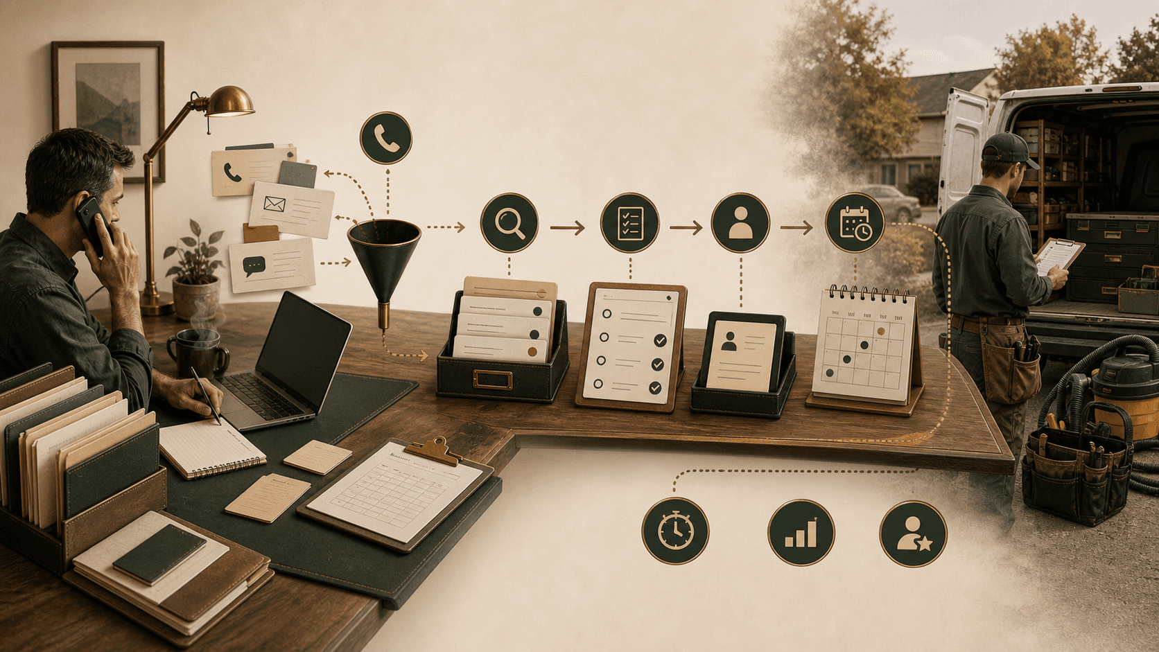 Grove operations table with folders, phone, and weekly planning materials.