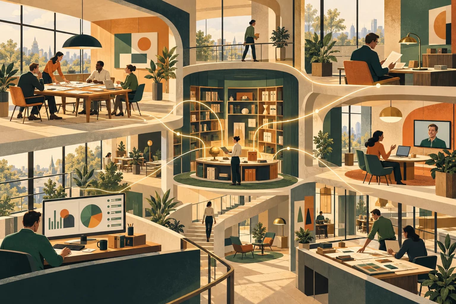 Illustration of teams, customer conversations and operating information connected through a shared knowledge hub.