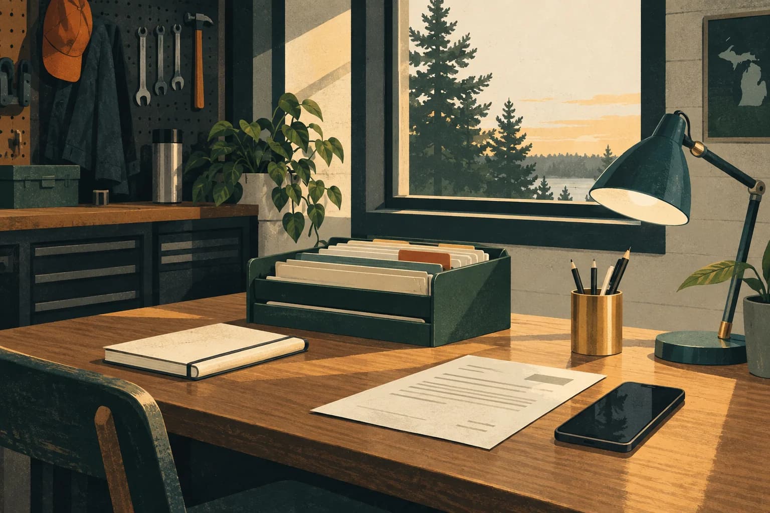 An organized workshop desk with job folders, a quote sheet and a phone.