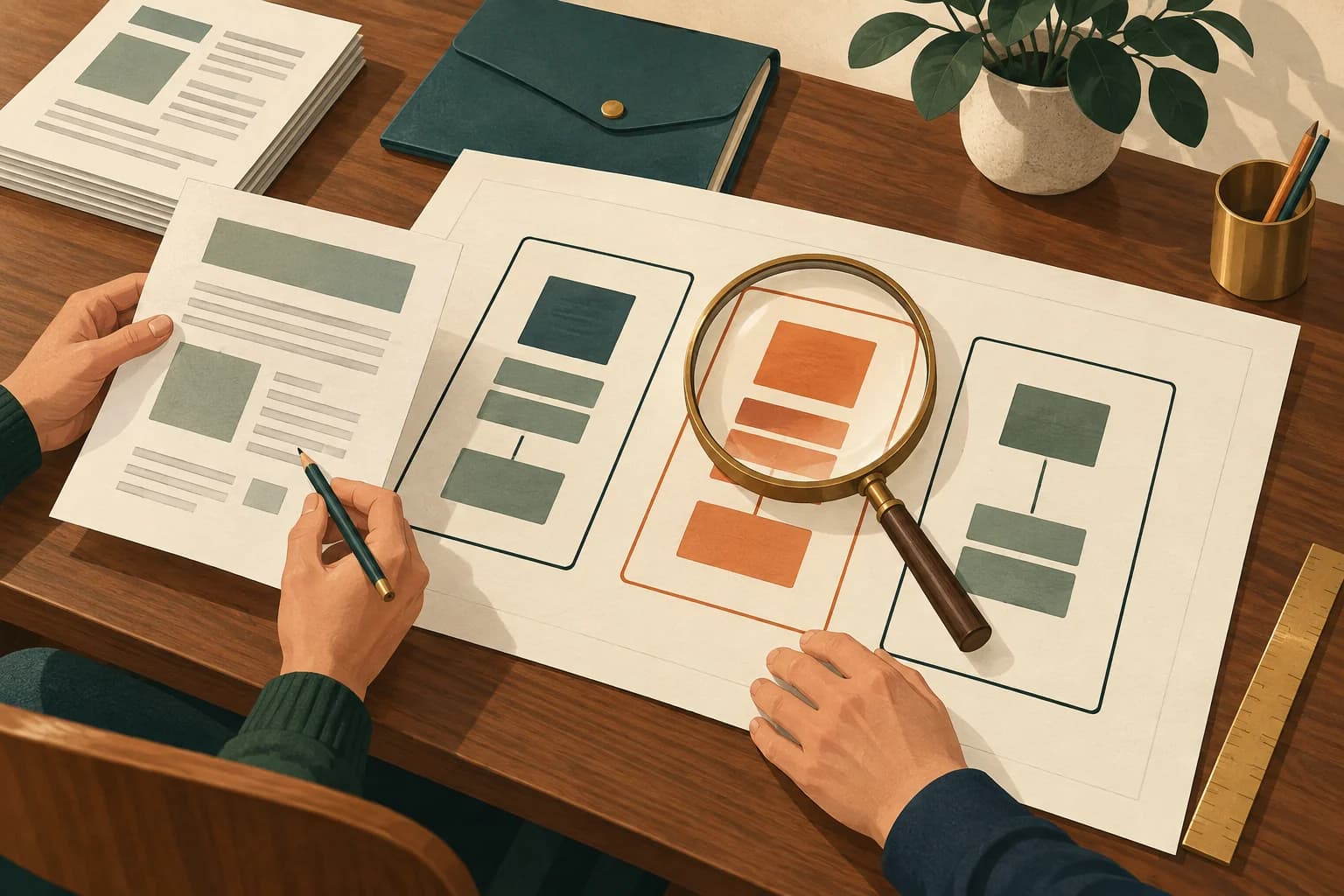 Illustration of hands comparing work samples with a plan, using a magnifying glass to focus on one opportunity.
