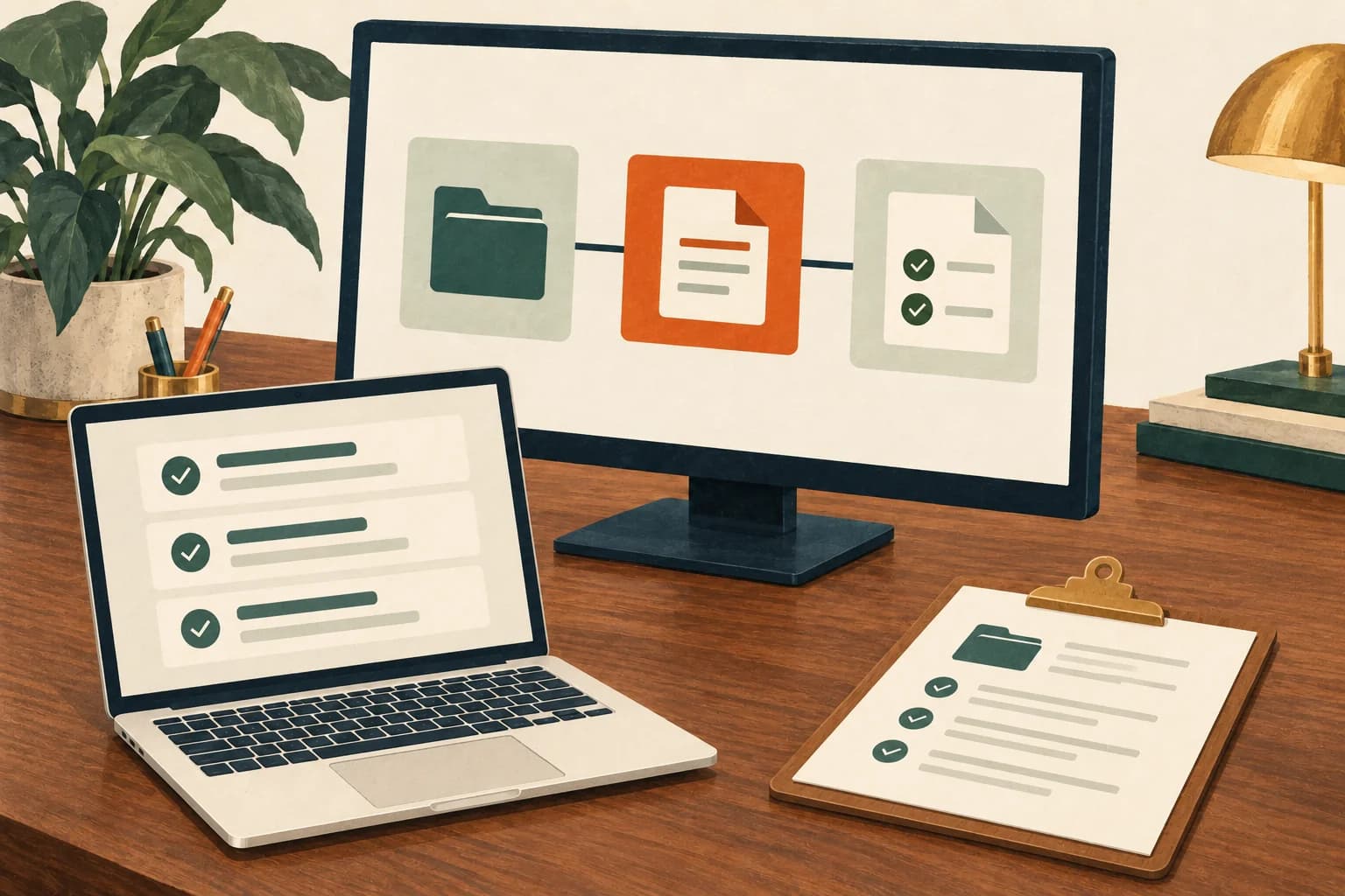 Illustration of a configured document workflow on a monitor, with software test checks and an acceptance checklist.