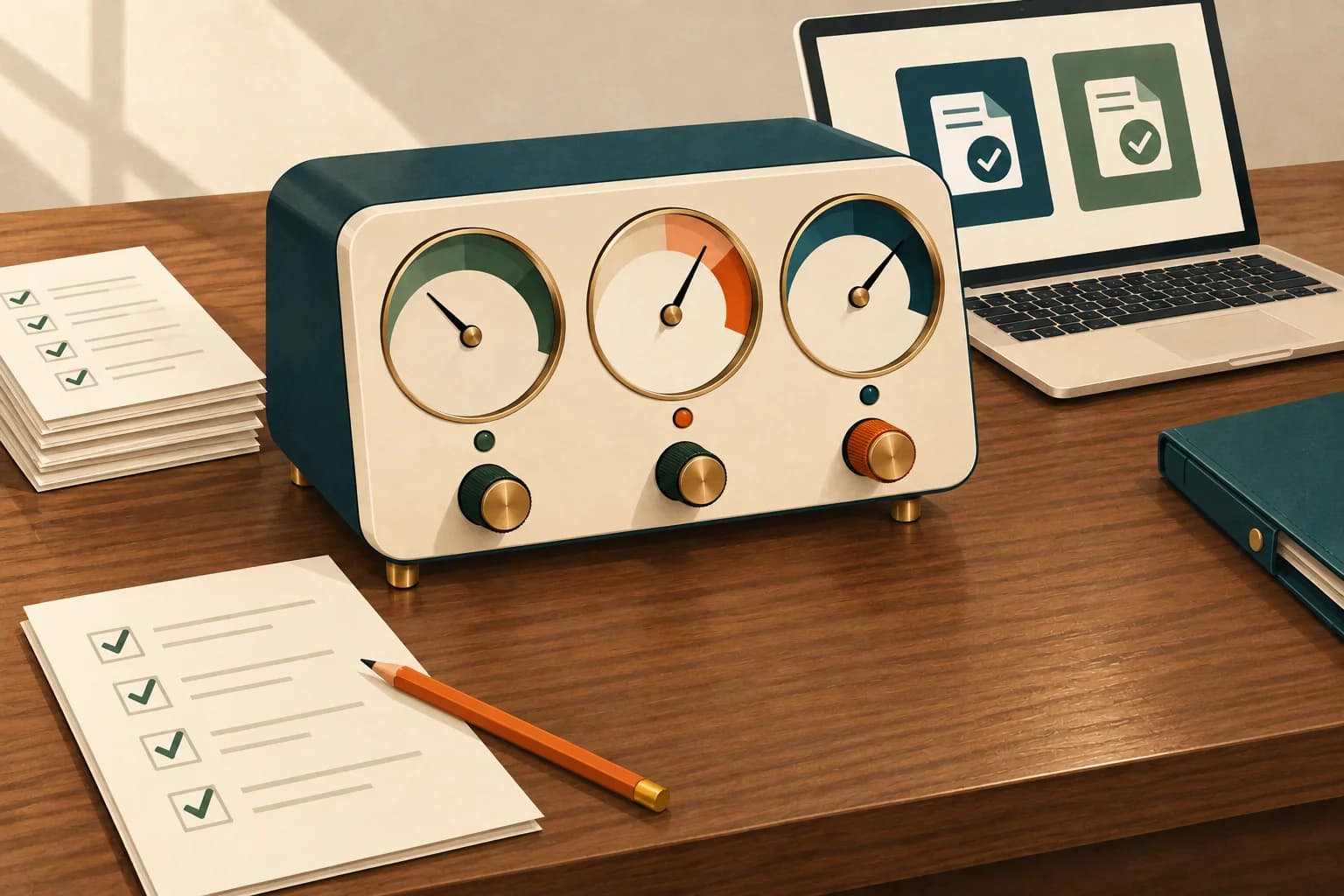 Illustration of a monitoring console beside review checklists and a laptop, representing ongoing system care and improvement.