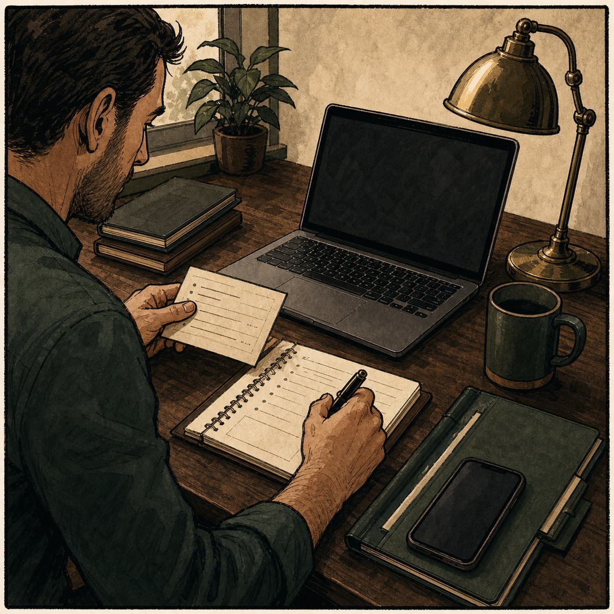 Illustration of follow-up being drafted from job notes.