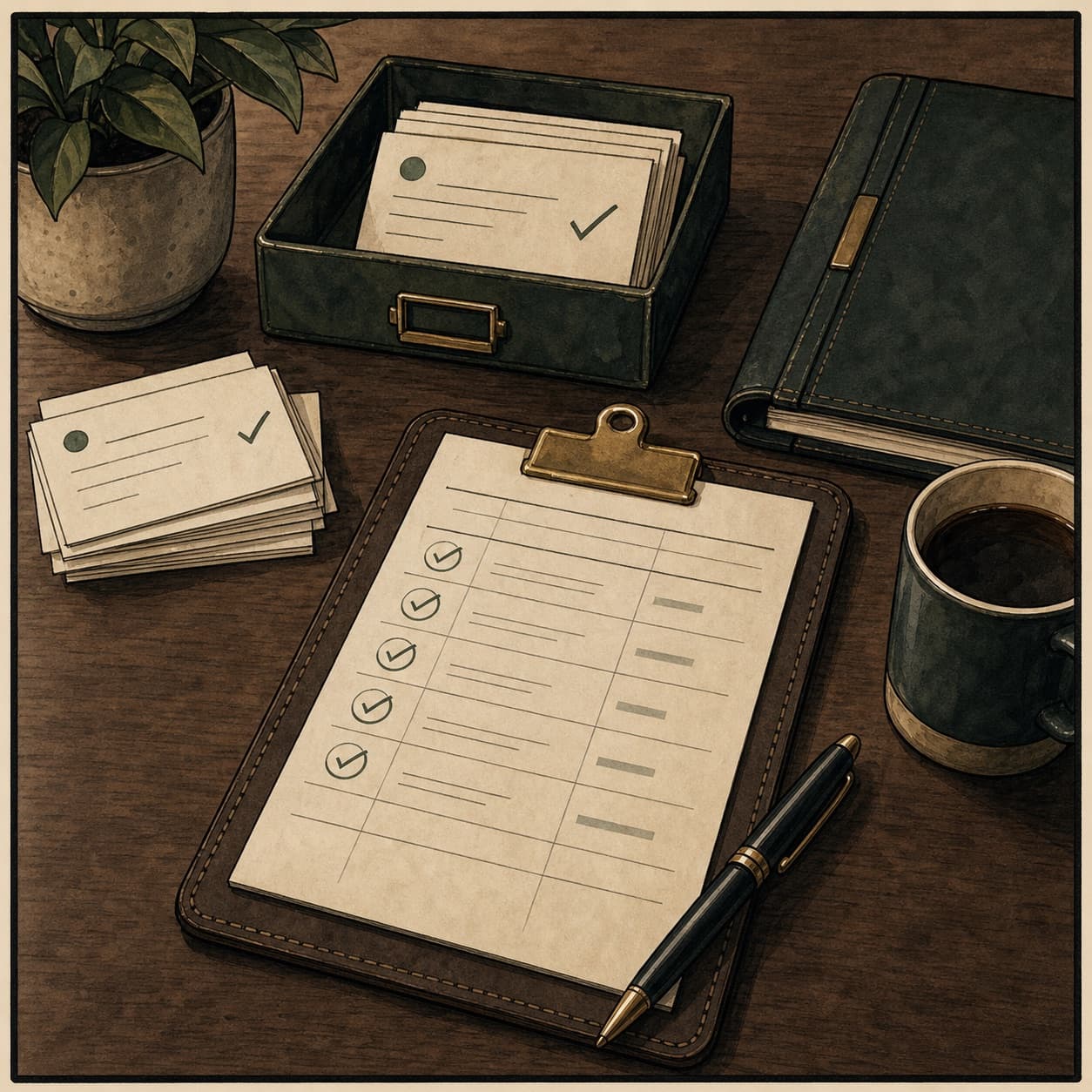 Illustration of a weekly follow-through summary on a desk.