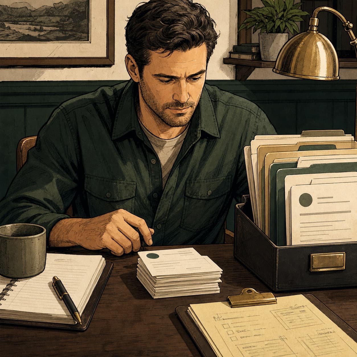 Illustration of a service business owner reviewing open follow-up cards.
